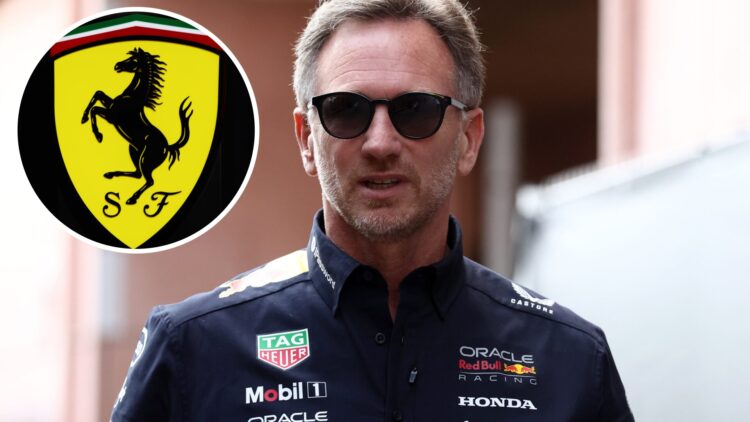 Red Bull team principal Christian Horner at the 2025 Monaco Grand Prix, inset Ferrari logo