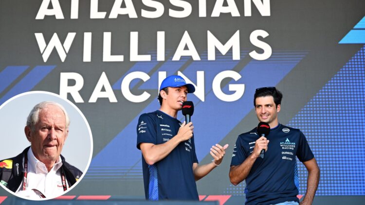 Williams drivers Alex Albon and Carlos Sainz speak at the F1 fan zone; inset shows Helmut Marko of Red Bull