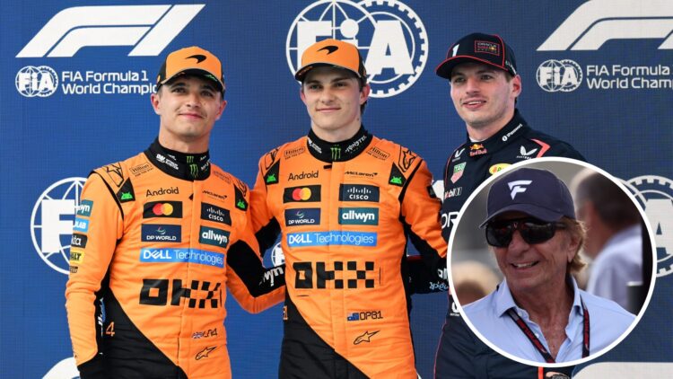 Lando Norris, Oscar Piastri and Max Verstappen after qualifying at the 2025 Spanish Grand Prix, inset Emerson Fittipaldi