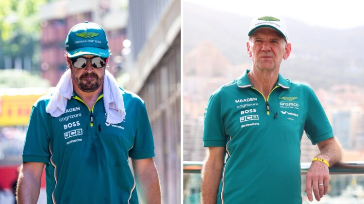 Fernando Alonso of Aston Martin walks in the F1 paddock (L); Adrian Newey looks on (R)