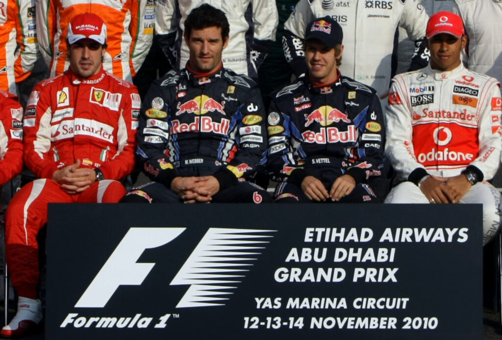 2010 F1 title rivals Fernando Alonso, Mark Webber, Sebastian Vettel and Lewis Hamilton before the Abu Dhabi Grand Prix