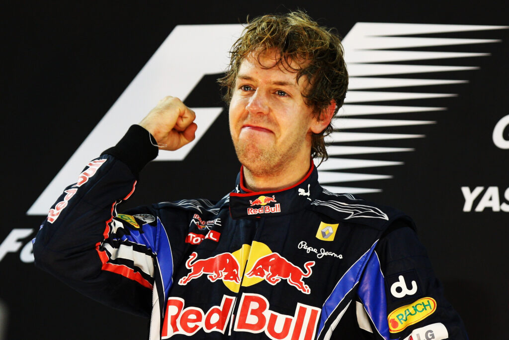 Sebastian Vettel on the podium after winning the 2010 Abu Dhabi Grand Prix