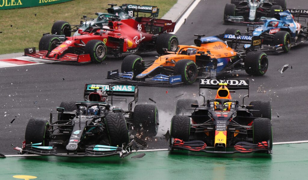 Valtteri Bottas crashes into Sergio Perez at the 2021 F1 Hungarian Grand Prix