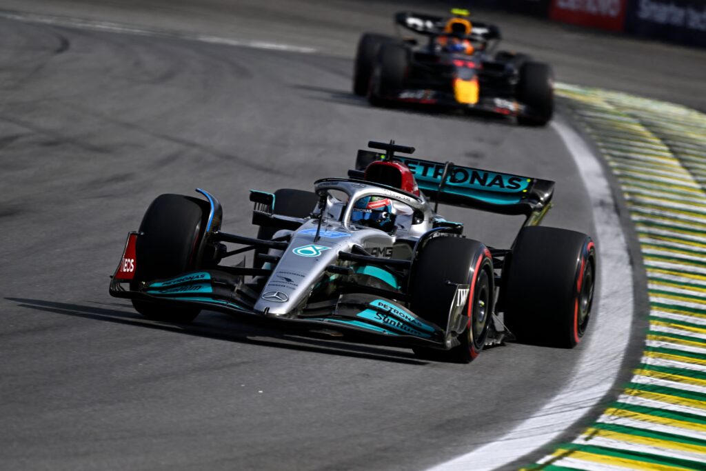 George Russell leading Sergio Perez at the 2022 Brazilian Grand Prix