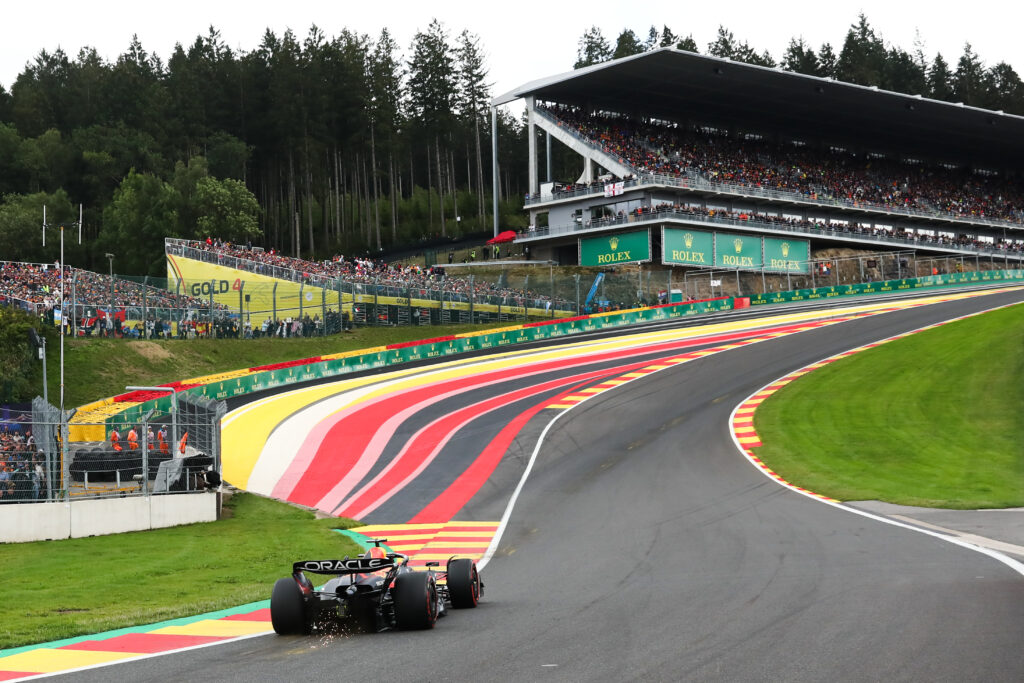 Red Bull driver Max Verstappen goes through Eau Rouge en route to winning the 2023 F1 Belgian Grand Prix