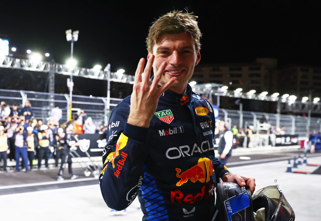 Max Verstappen celebrates clinching his fourth World Championship in F1 at the Las Vegas Grand Prix.