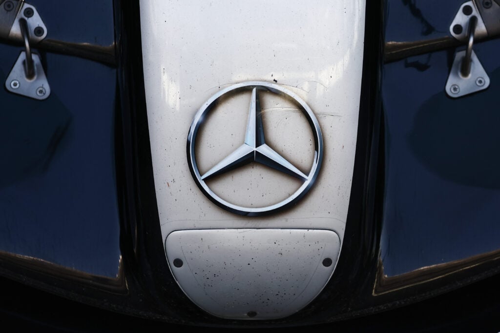 The Mercedes logo seen on the W15 during 2024 post-season testing in Abu Dhabi