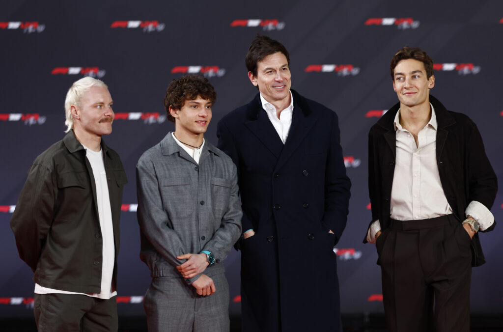 Valtteri Bottas, Andrea Kimi Antonelli, Toto Wolff and George Russell of Mercedes arrive at F1 75