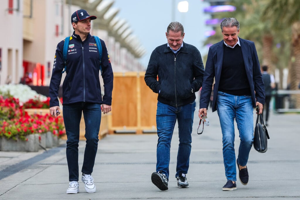Max Verstappen, Jos Verstappen and Raymond Vermeulen walk in the F1 paddock