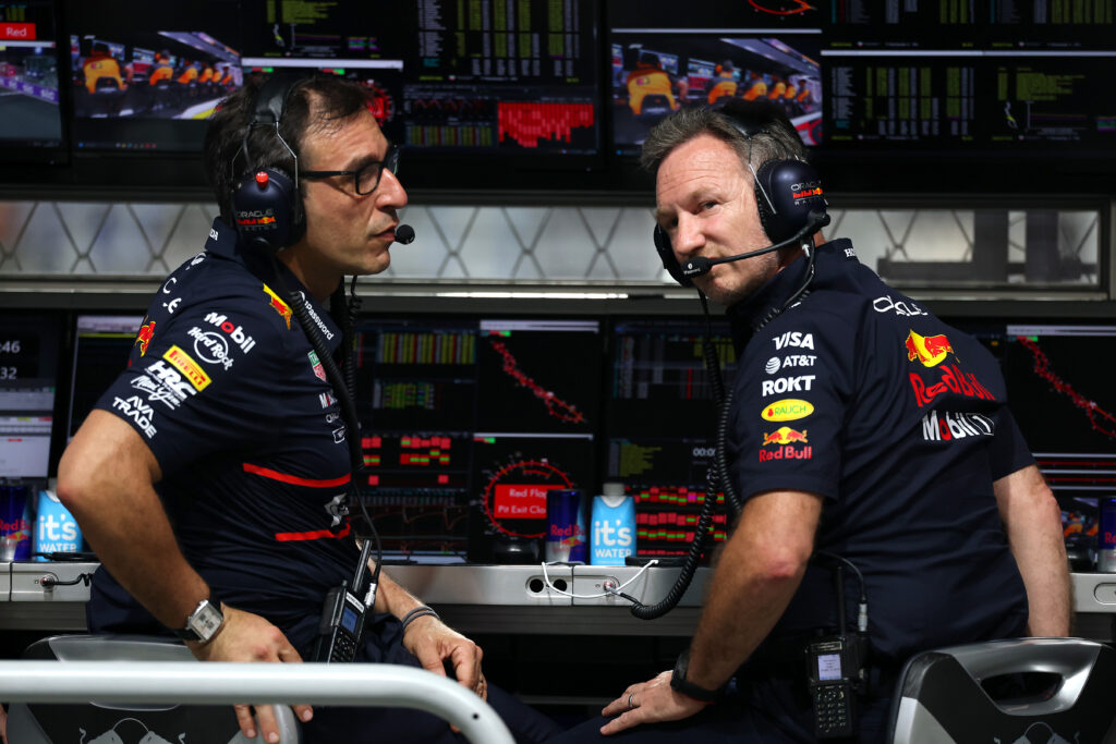 Red Bull technical director Pierre Wache and team principal Christian Horner on the pit wall during qualifying for the 2025 F1 Saudi Arabian Grand Prix