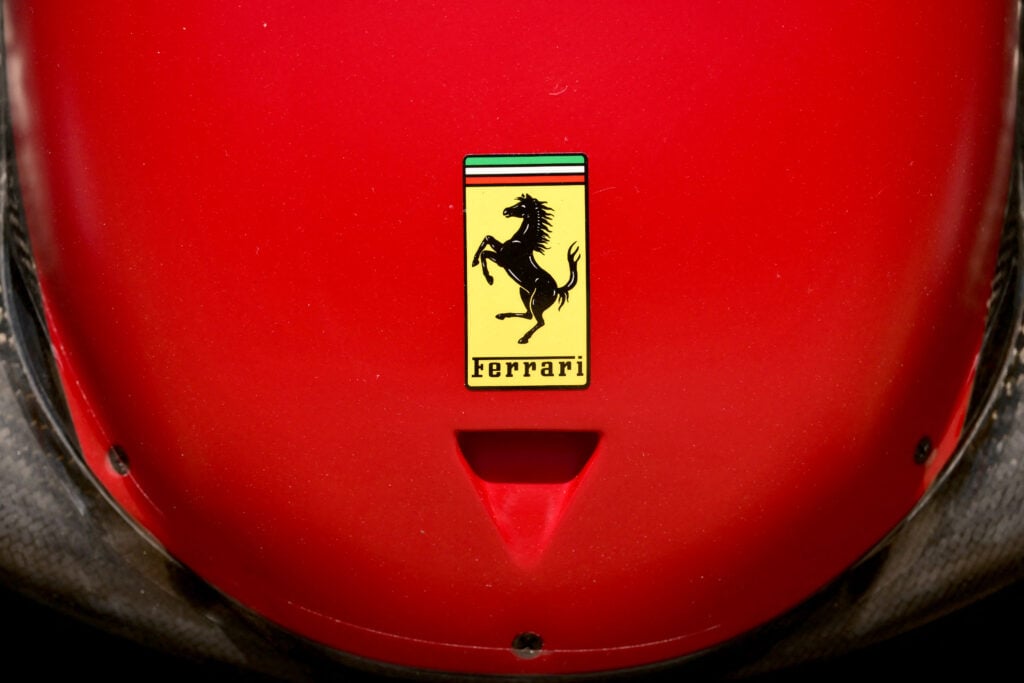 A Ferrari logo on the end of a Formula 1 car