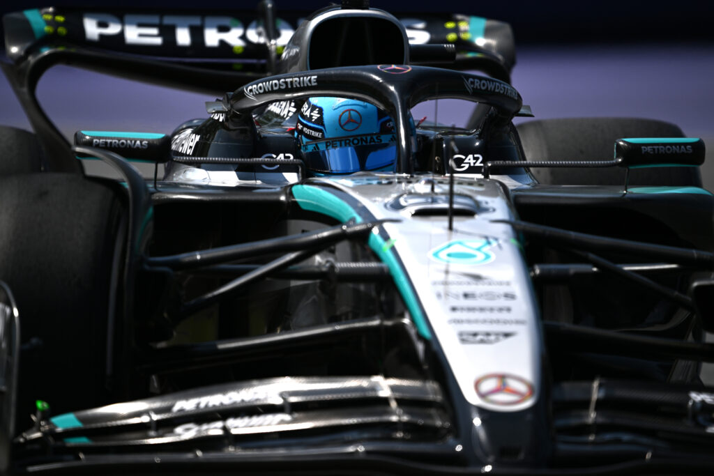 Mercedes driver George Russell on track en route to winning the 2025 F1 Canadian Grand Prix