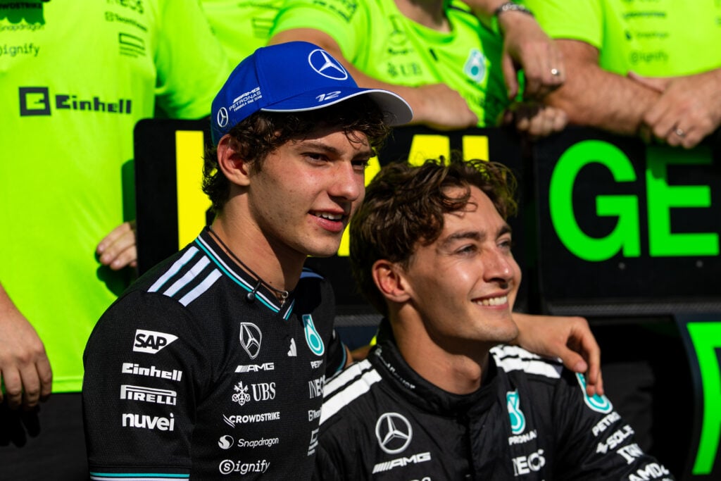 Mercedes drivers Andrea Kimi Antonelli celebrates his P3 finish with 2025 F1 Canadian Grand Prix winner George Russell