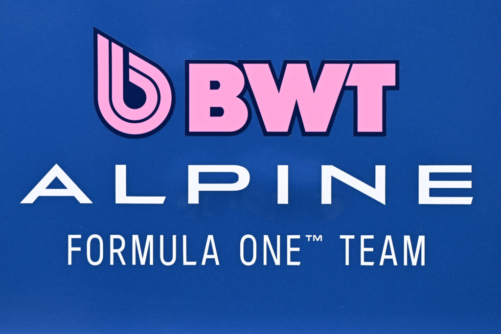 The Alpine F1 team logo seen on the side of the garage at the 2025 Canadian Grand Prix