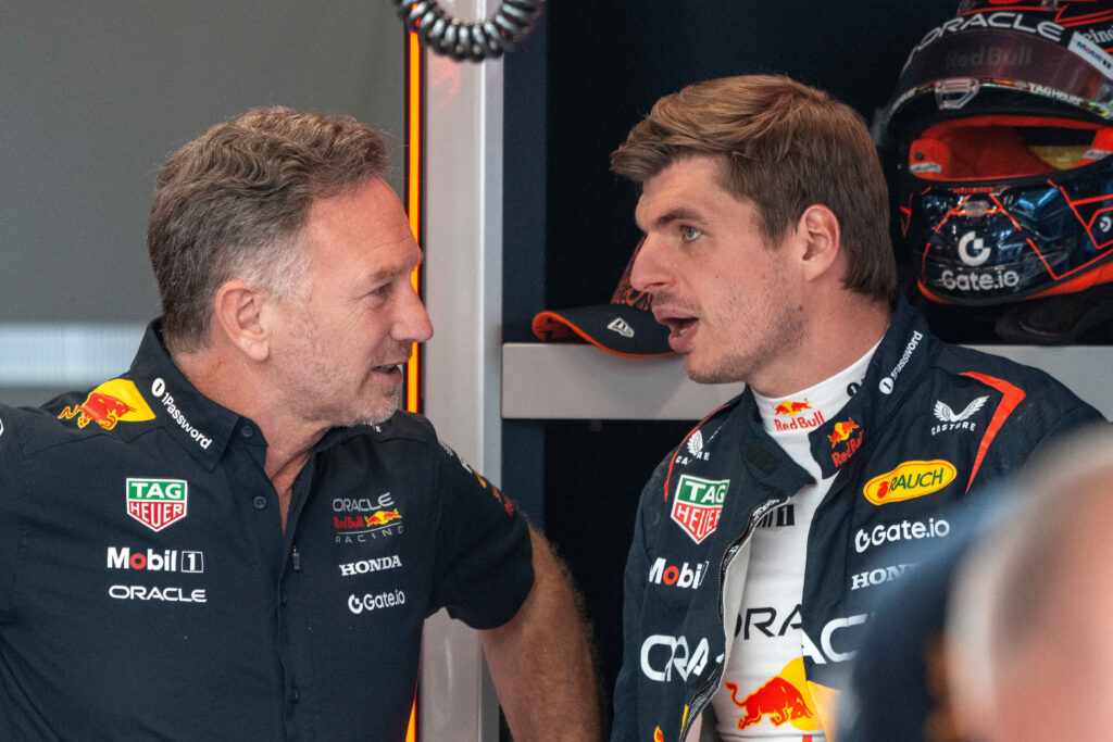 Christian Horner and Red Bull Racing driver Max Verstappen at the 2025 Formula 1 Austrian Grand Prix