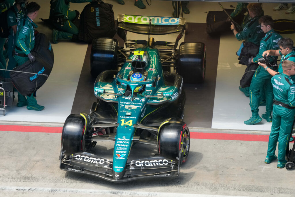 Aston Martin driver Fernando Alonso leaves the garage before the 2025 F1 Austrian Grand Prix