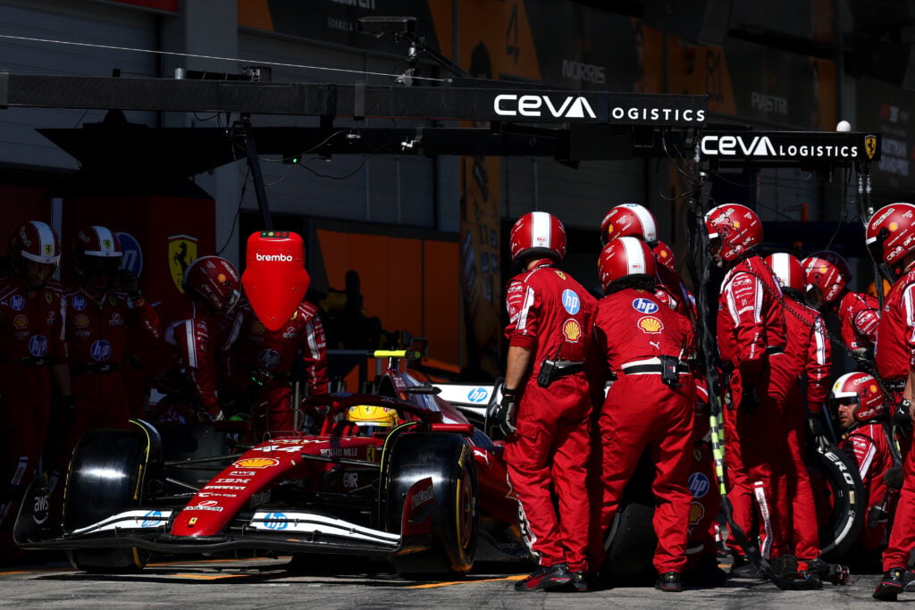 Ferrari driver Lewis Hamilton makes a pit stop during the 2025 F1 Austrian Grand Prix