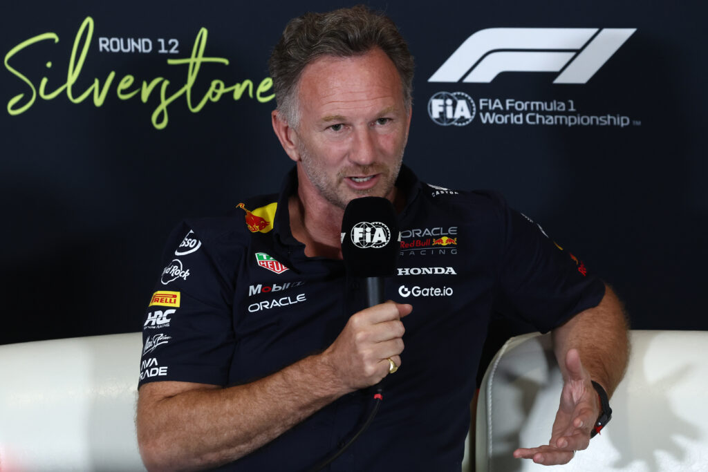 Red Bull Racing team principal Christian Horner talking in a press conference at the 2025 Formula 1 British Grand Prix