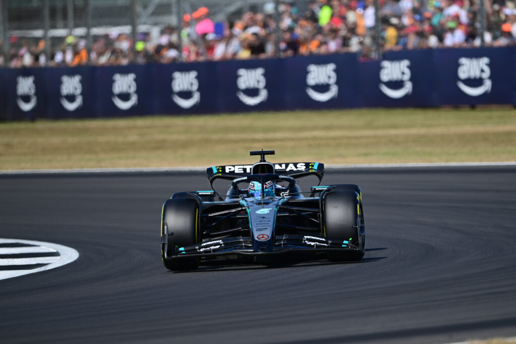 Mercedes driver George Russell during practice at the 2025 British Grand Prix
