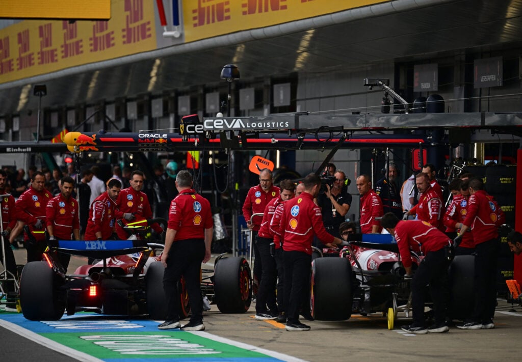 Ferrari drivers Lewis Hamilton and Charles Leclerc pit during qualifying for the 2025 F1 British Grand Prix