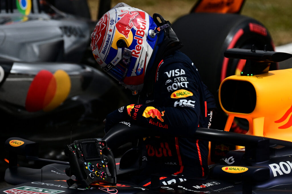 Max Verstappen climbs out of the Red Bull F1 car