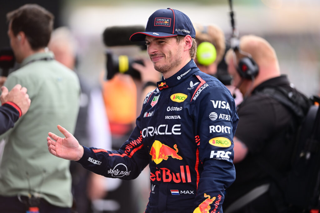 Max Verstappen of Red Bull celebrates scoring pole position for the 2025 F1 British Grand Prix at Silverstone