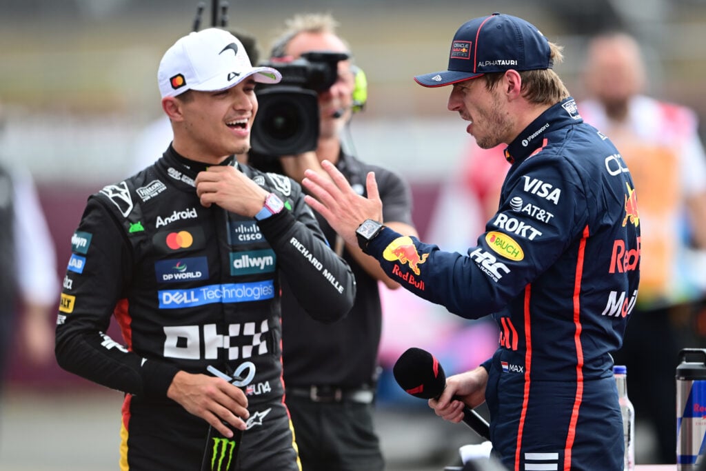 Red Bull driver Max Verstappen and McLaren driver Lando Norris after qualifying for the 2025 Formula 1 British Grand Prix