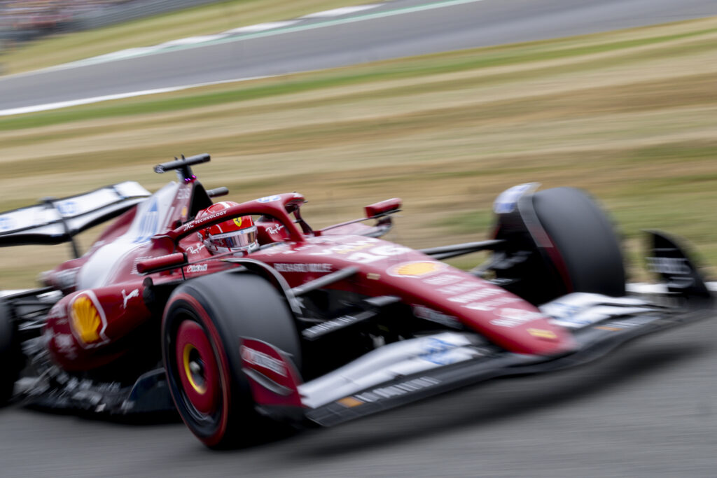 Ferrari driver Charles Leclerc on track during qualifying for the 2025 F1 British Grand Prix