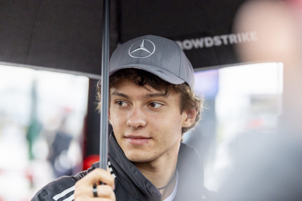 Mercedes driver Andrea Kimi Antonelli in the paddock before the 2025 F1 British Grand Prix at Silverstone