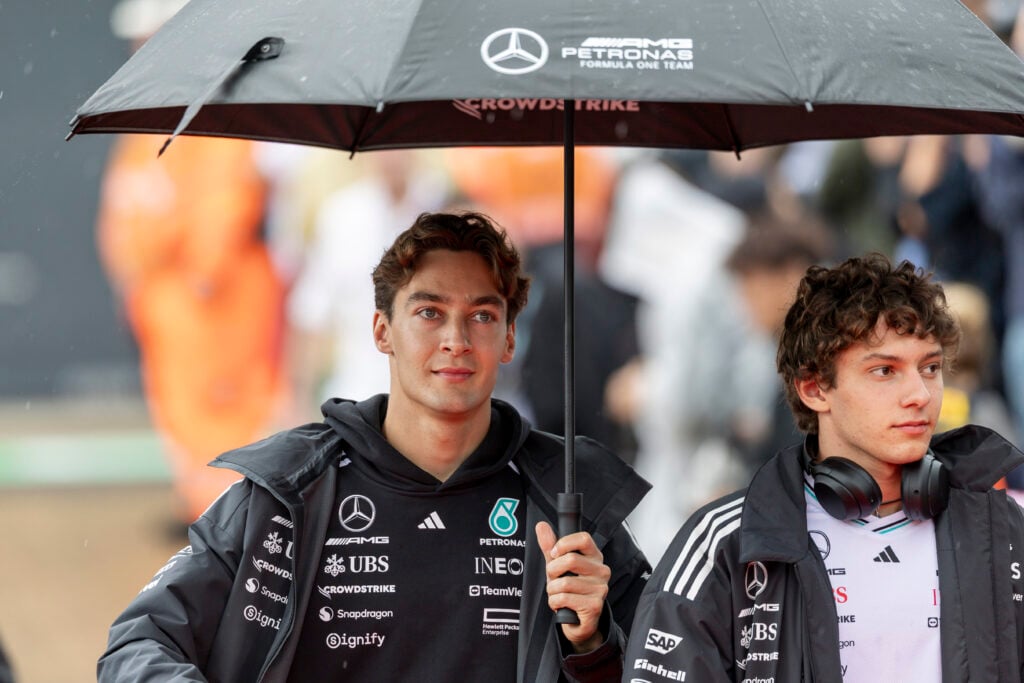 Mercedes driver George Russell and Andrea Kimi Antonelli at the 2025 Formula 1 British Grand Prix