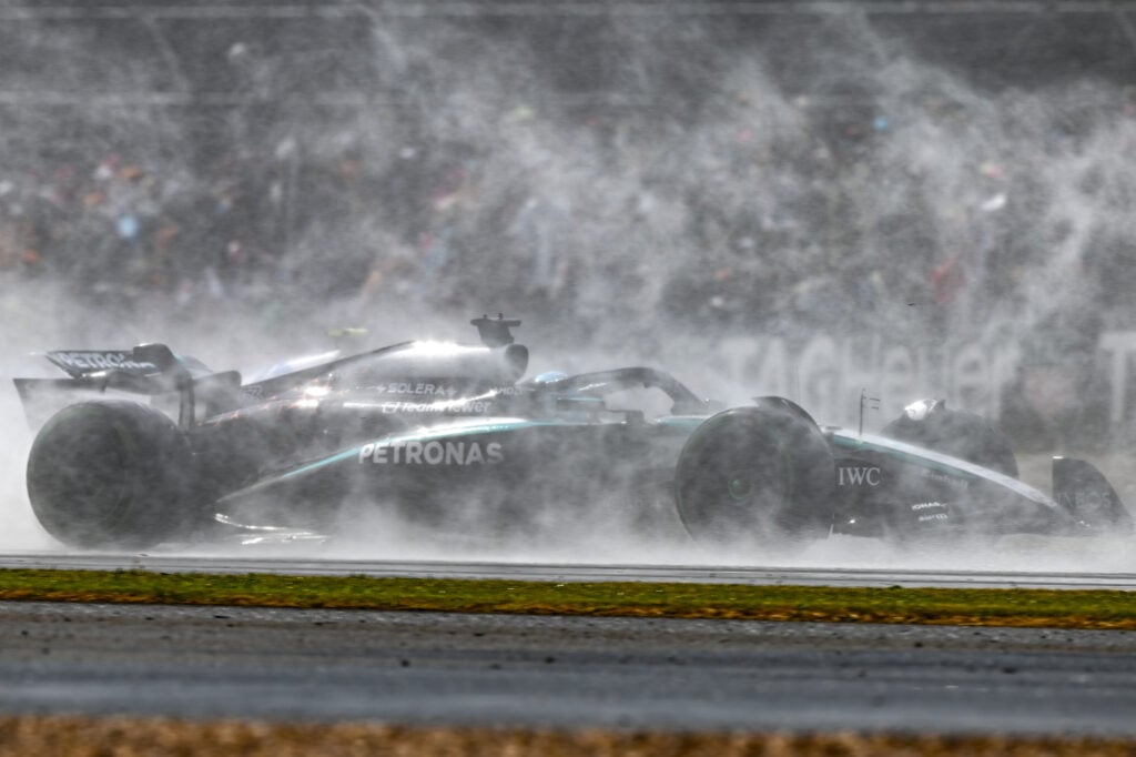 Mercedes driver George Russell racing at the 2025 Formula 1 British Grand Prix
