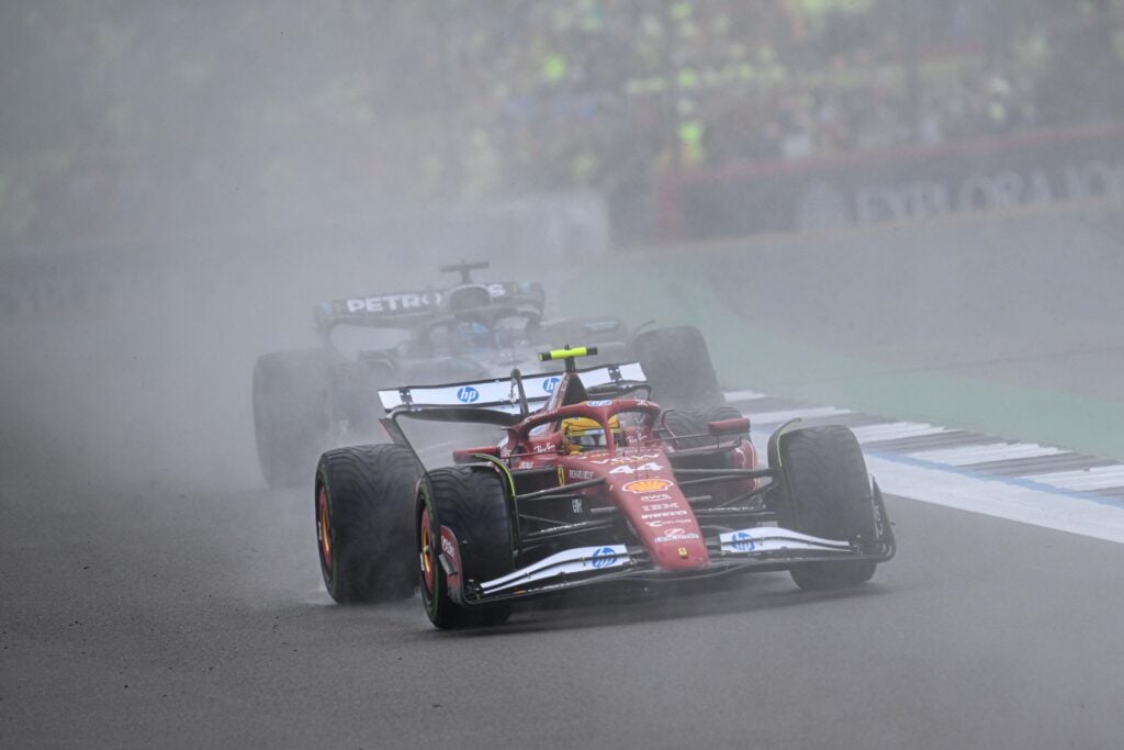 Ferrari driver Lewis Hamilton on track in the rain during the 2025 F1 British Grand Prix at Silverstone