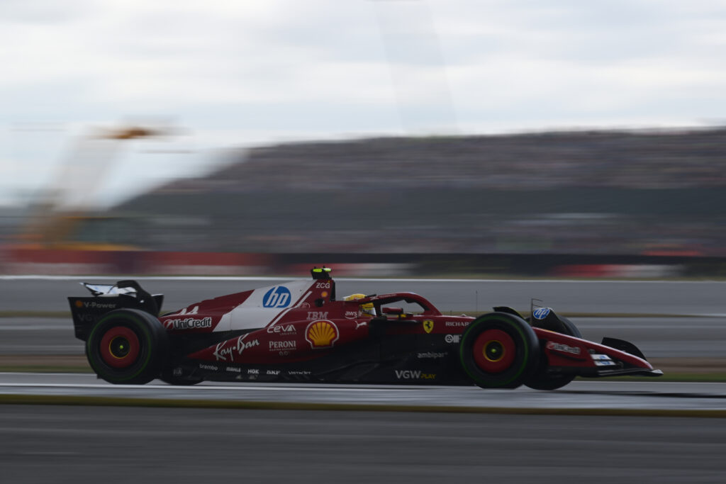 Ferrari driver Lewis Hamilton racing at the 2025 Formula 1 British Grand Prix