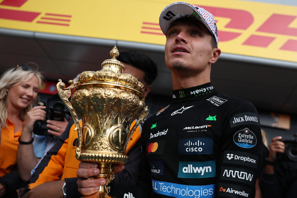 Lando Norris of McLaren celebrates winning the 2025 F1 British Grand Prix at Silverstone