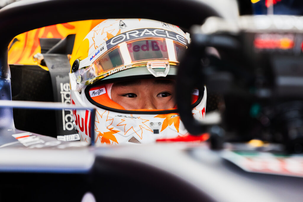 Yuki Tsunoda in the seat of his RB21 before the start of a session at the British Grand Prix.