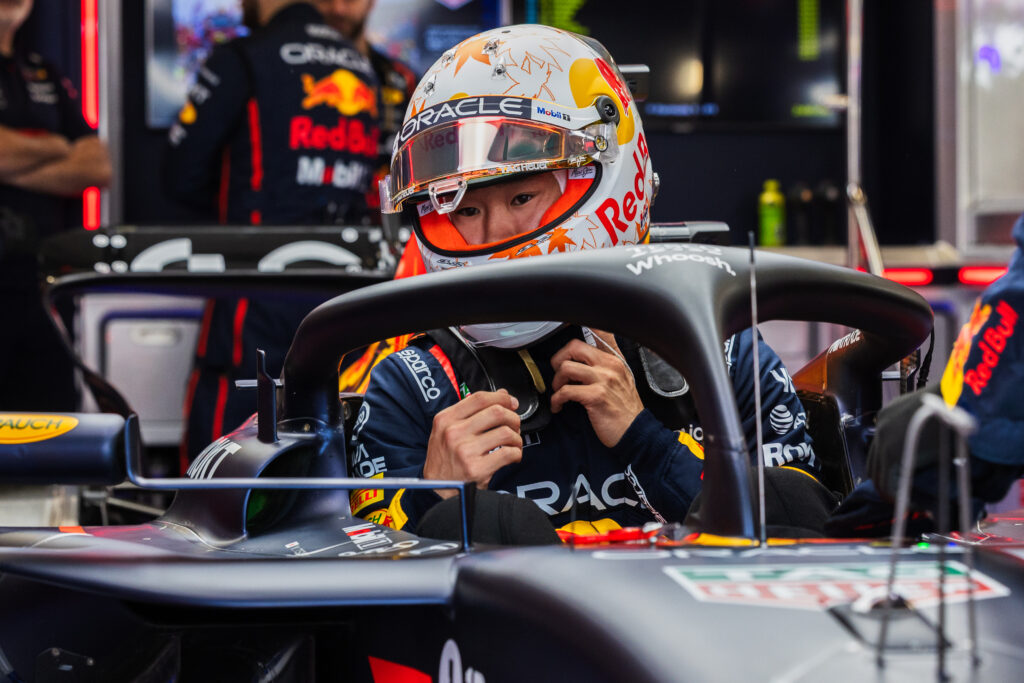 Yuki Tsunoda getting into his RB21 at the British Grand Prix.