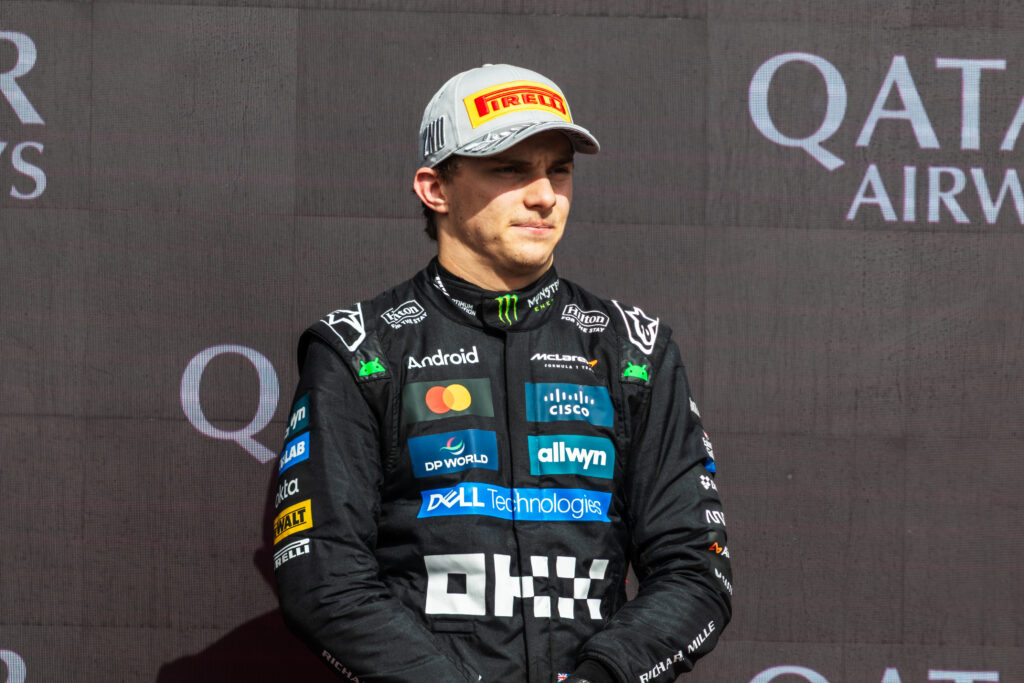 Oscar Piastri of Australia and McLaren F1 Team on the 2025 British Grand Prix podium