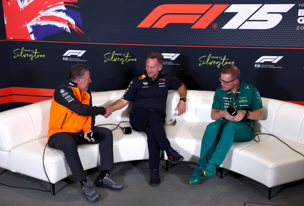 Zak Brown, Christian Horner and Andy Cowell in a press conference