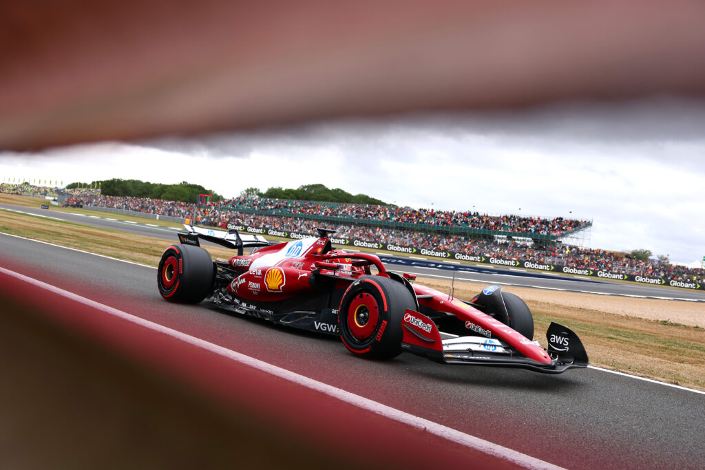 Charles Leclerc drives his Ferrari SF-25 during practice for the 2025 F1 British Grand Prix