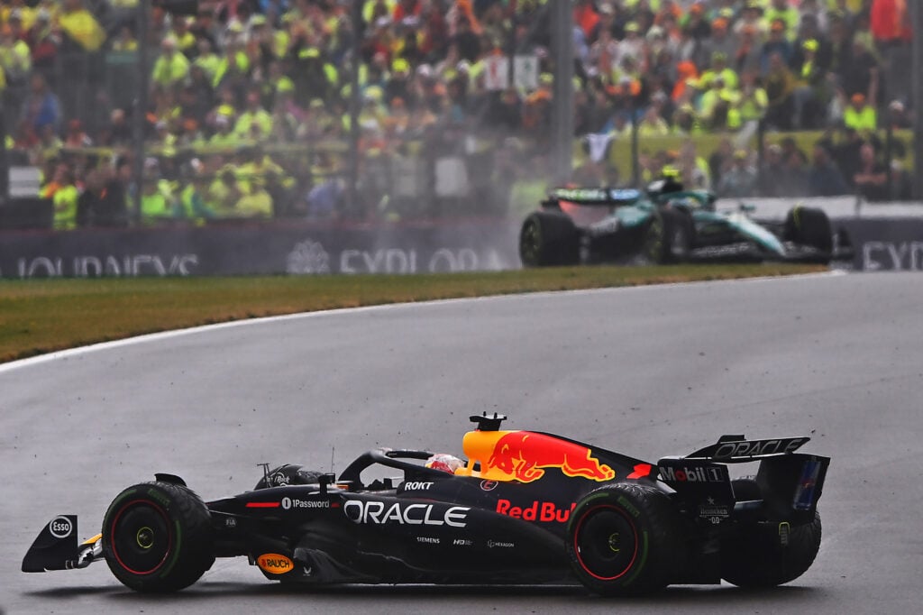Red Bull driver Max Verstappen spins in the 2025 F1 British Grand Prix at Silverstone