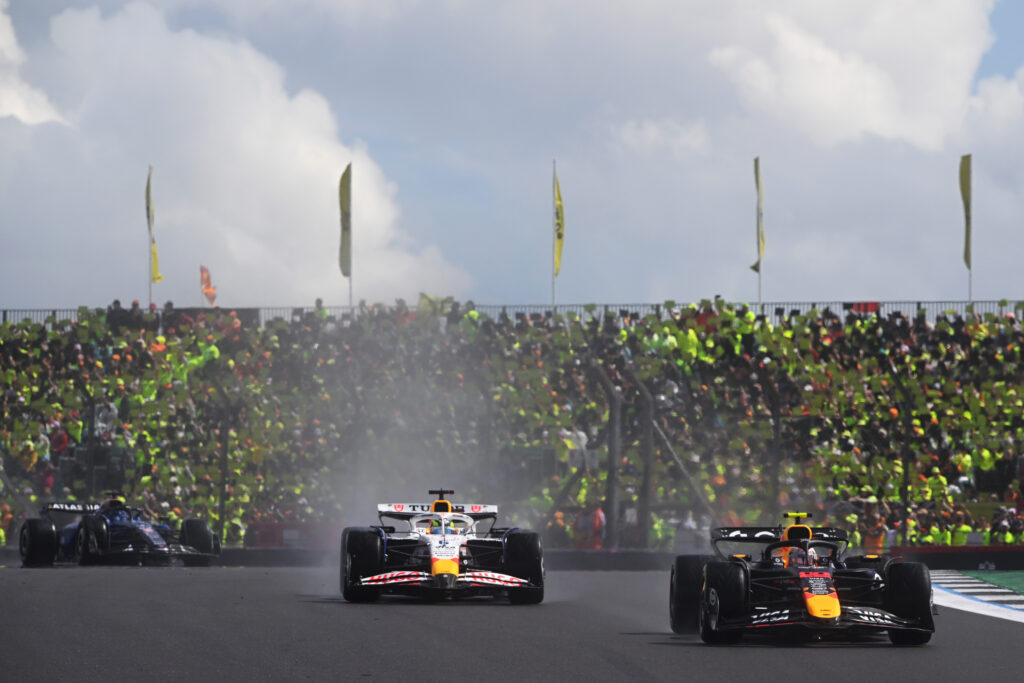 Racing Bulls driver Isack Hadjar races Red Bull's Yuki Tsunoda at the 2025 British Grand Prix