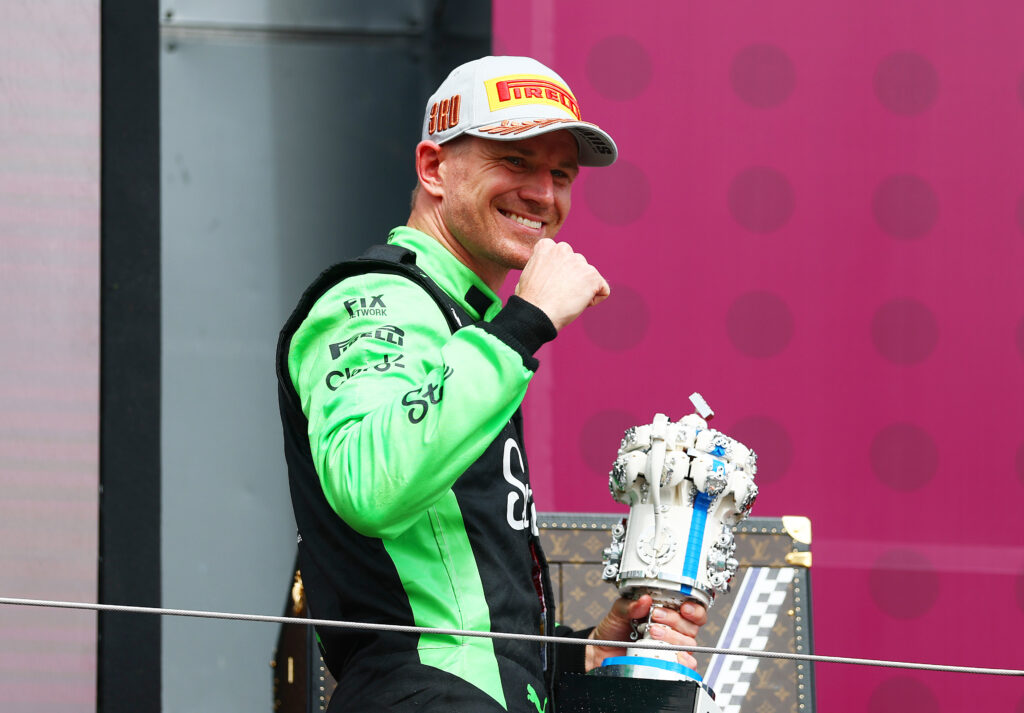 Sauber driver Nico Hulkenberg on the podium at the 2025 Formula 1 British Grand Prix