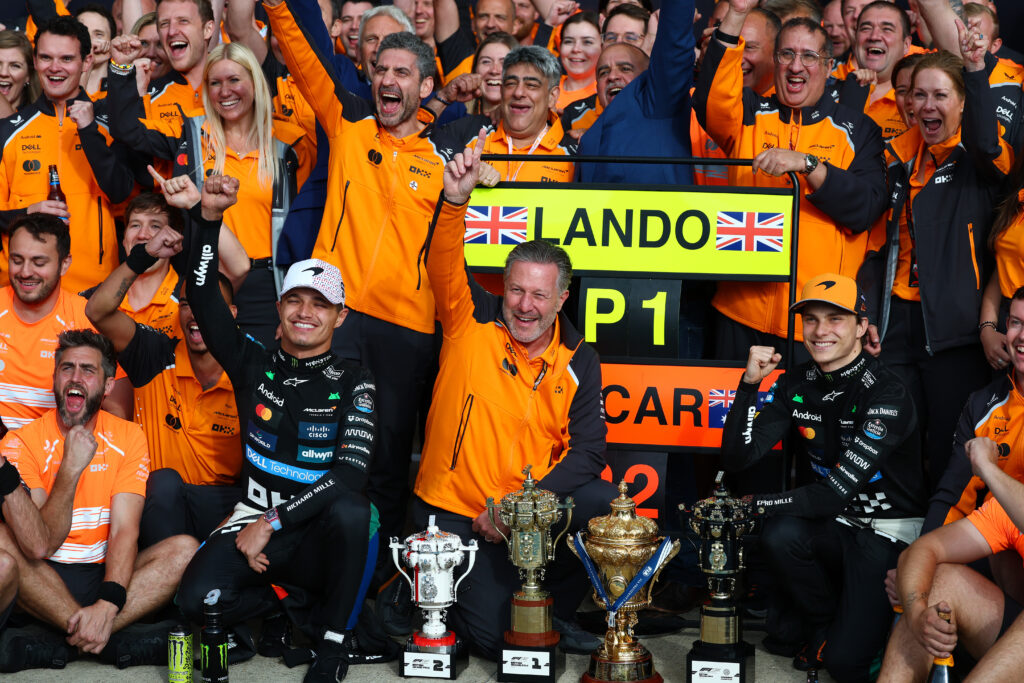 Lando Norris, Zak Brown, Oscar Piastri and the rest of the McLaren team celebrate their 1-2 at the British Grand Prix.
