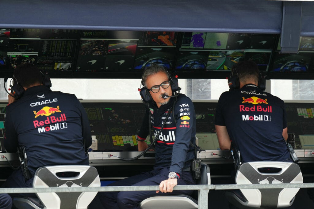Laurent Mekies on the pit-wall during FP1 of the 2025 Belgian Grand Prix