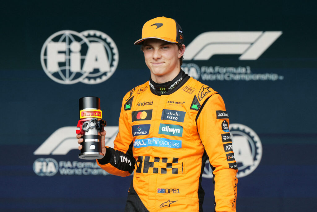 McLaren driver Oscar Piastri celebrates pole position after Sprint Qualifying at the 2025 F1 Belgian Grand Prix