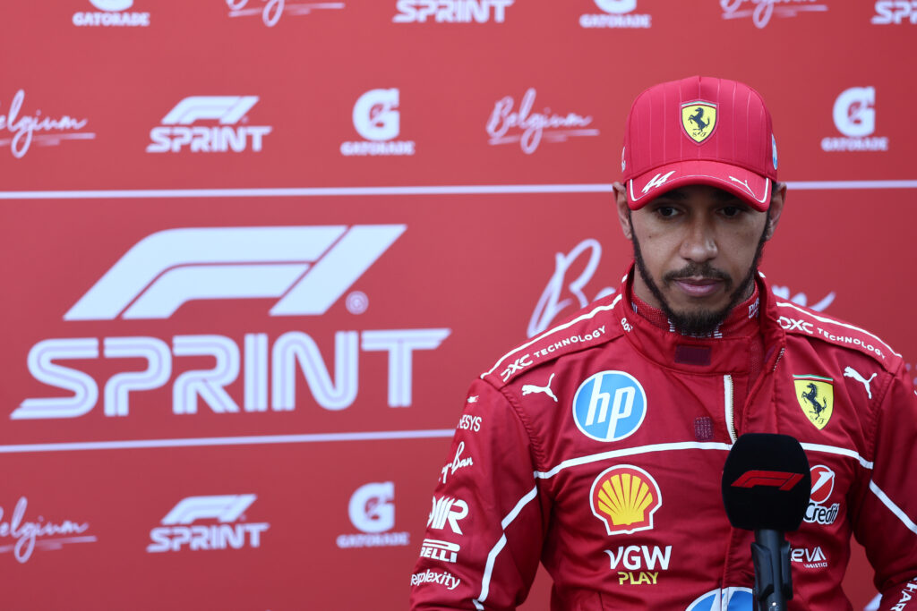 Ferrari driver Lewis Hamilton speaks to the media after Sprint Qualifying at the 2025 F1 Belgian Grand Prix