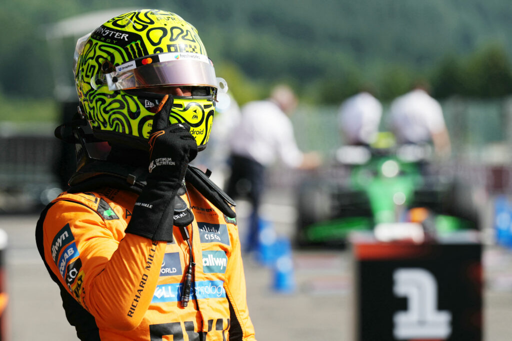 McLaren driver Lando Norris celebrates pole position for the 2025 F1 Belgian Grand Prix
