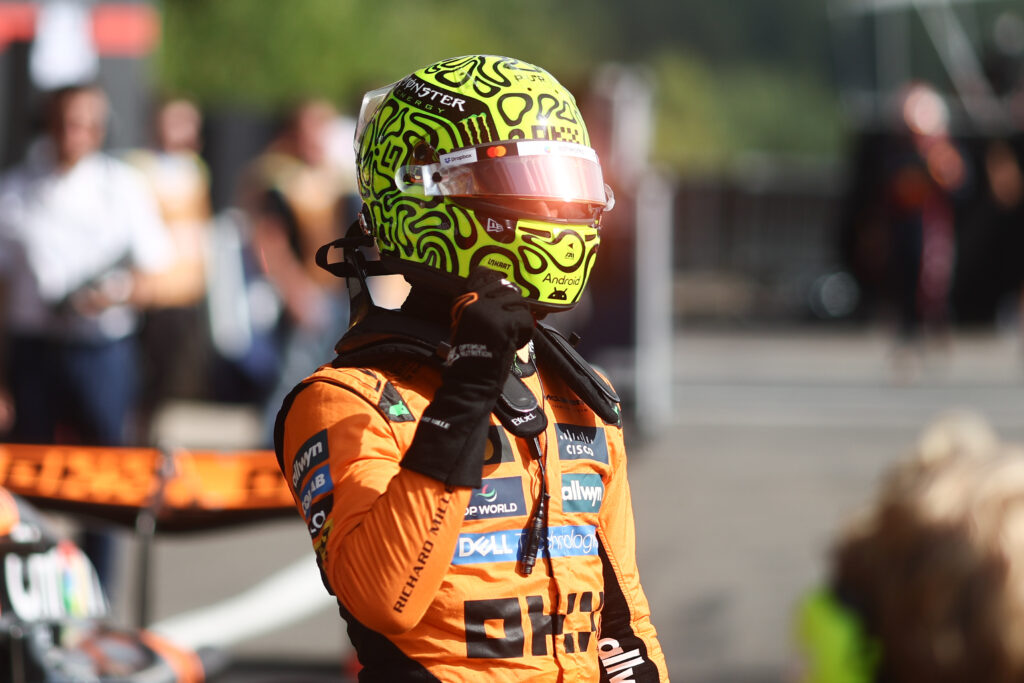 Lando Norris of McLaren celebrates pole position at the 2025 Belgian Grand Prix