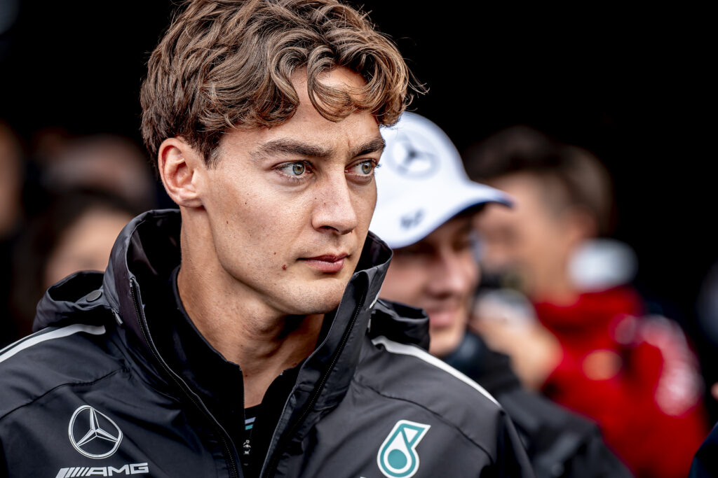 George Russell of Mercedes before the 2025 Formula 1 Belgian Grand Prix drivers parade