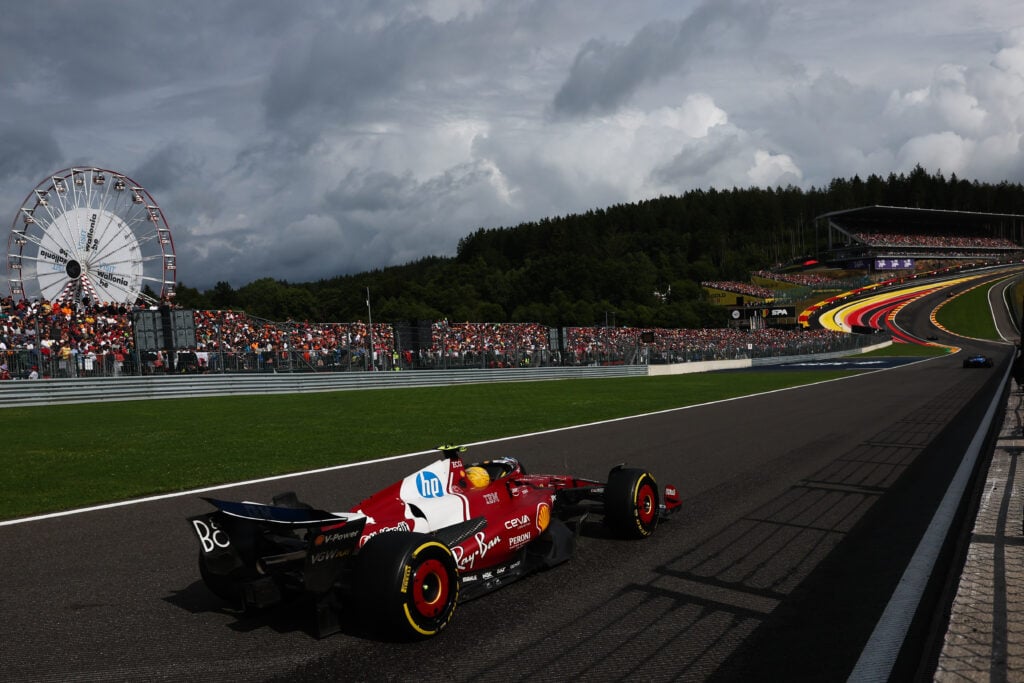 Ferrari driver Lewis Hamilton preparing to drive up Eau Rouge at the 2025 Formula 1 Belgian Grand Prix